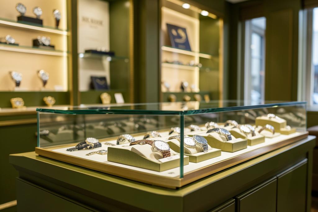 Independent UK watch dealer showroom counter with luxury watches under glass