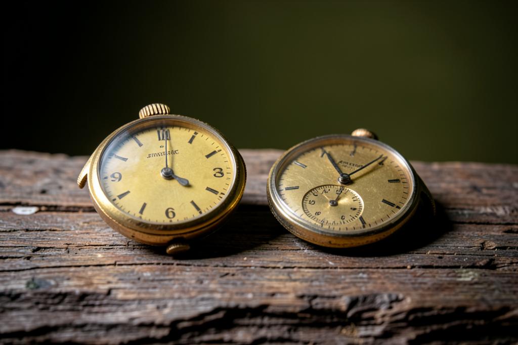 Two vintage gold watches on weathered wood